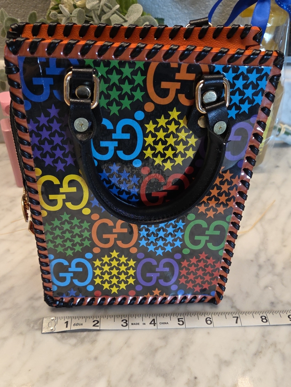 Fashion Multicolor GG Patterned Mini Tote with Black Handles & Crossbody Strap - Picture 11 of 15